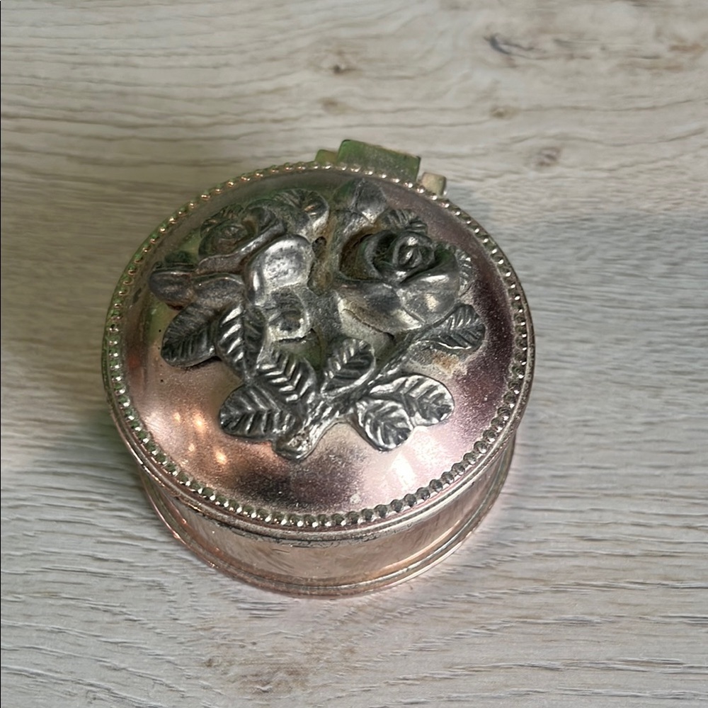 Silver and Pink Round Trinket Box with Rose Design